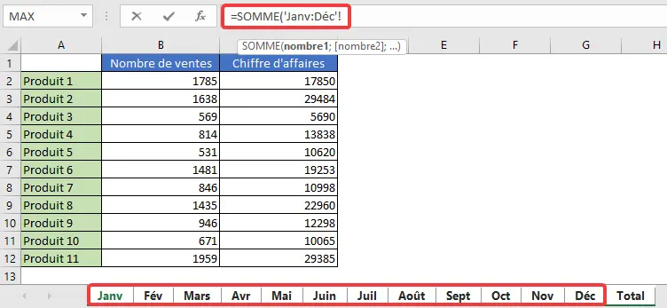 Excel : Addition plusieurs plages plusieurs feuilles - Sélection des onglets