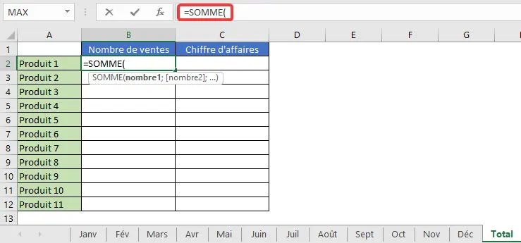 Excel : Addition plusieurs plages plusieurs feuilles - début de la fonction SOMME