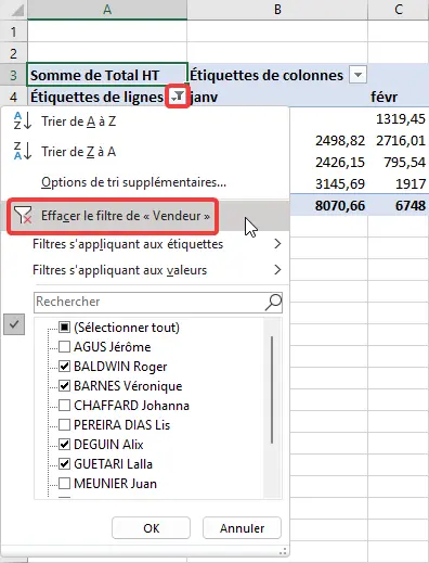 Excel : TCD - filtres et tris, auto-filtre, effacer