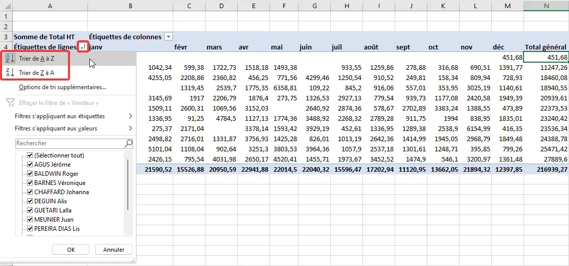 Excel : TCD - filtres et tris, tris des étiquettes