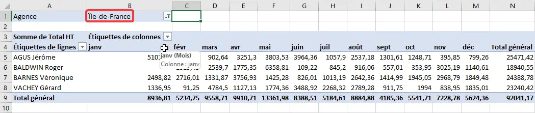 Excel : TCD - filtres et tris, zone de filtre Agence, résultat