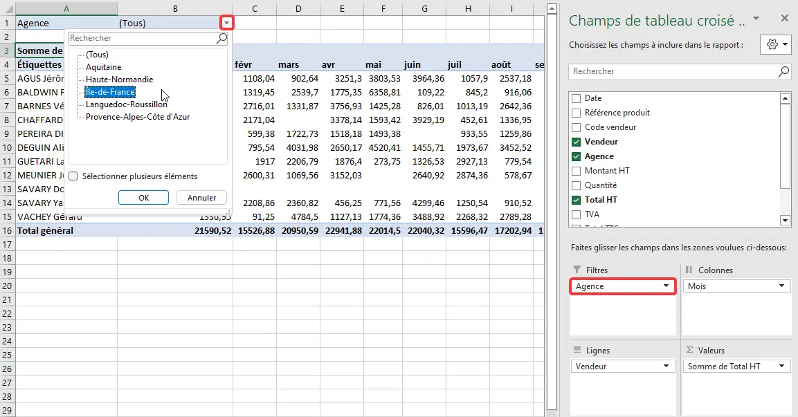 Excel : TCD - filtres et tris, zone de filtre Agence
