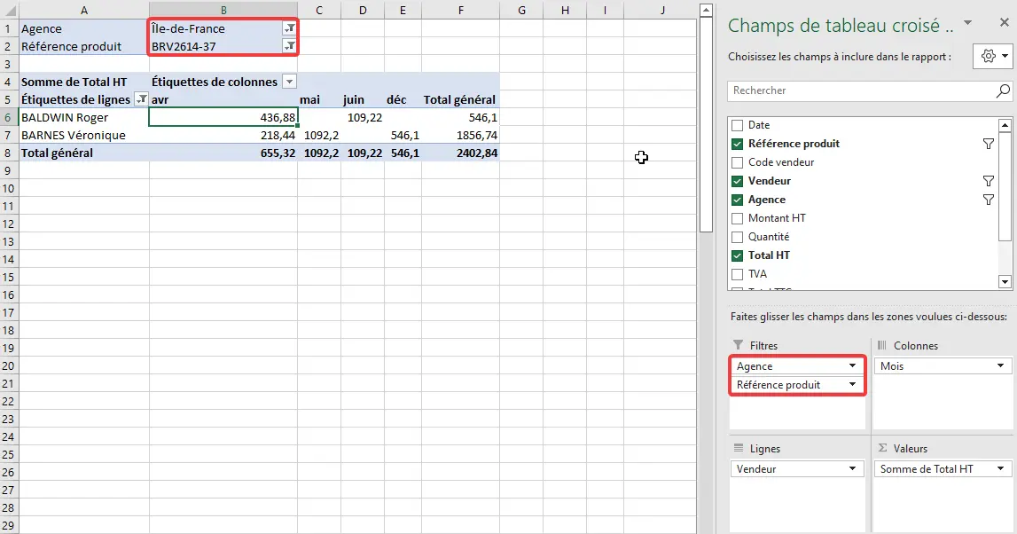 Excel : TCD - filtres et tris, zone de filtres contenant plusieurs champs