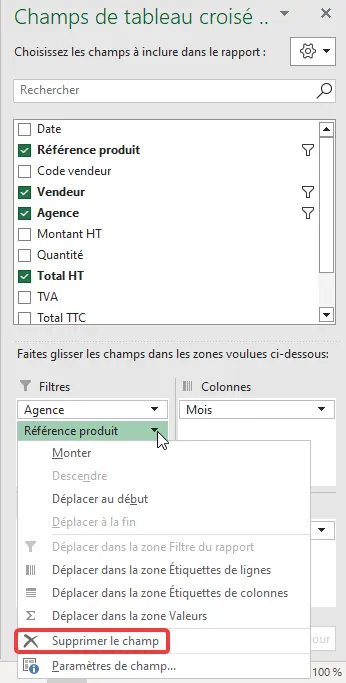 Excel : TCD - filtres et tris, zone de filtres, supprimer un champ