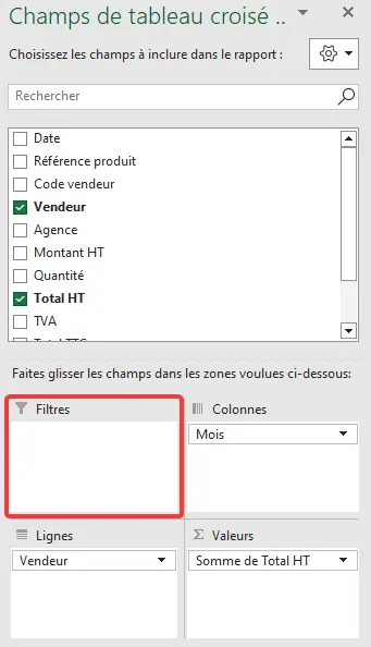 Excel : TCD - filtres et tris - zone de filtres