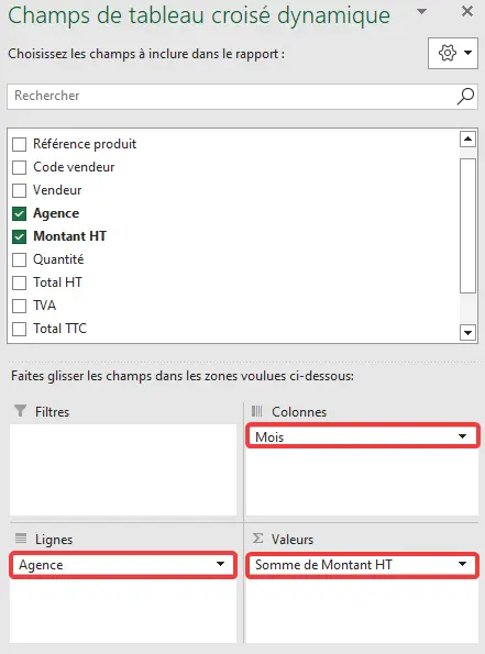 Excel : TCD - insertion - CA par agence, mois