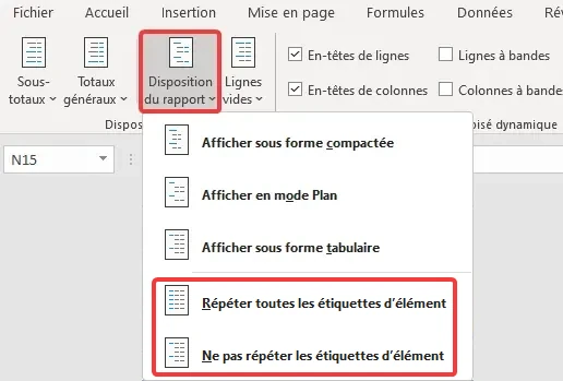 Excel : TCD - mise en forme, disposition menu répéter les étiquettes