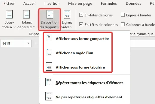 Excel : TCD - mise en forme, disposition menu