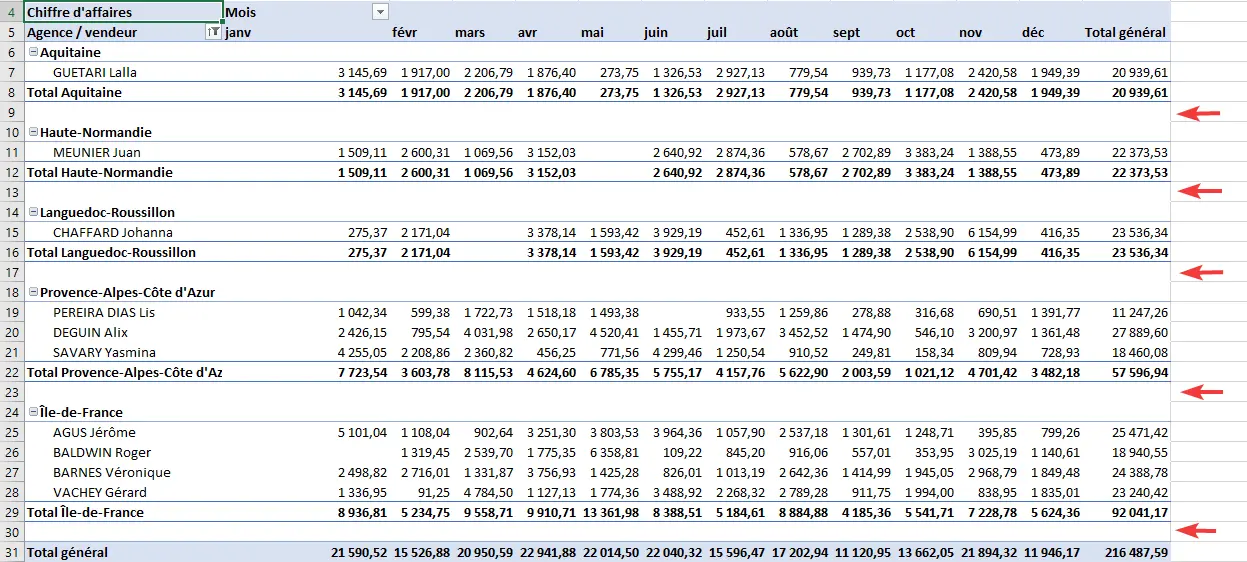 Excel : TCD - mise en forme, ligne vide résultat