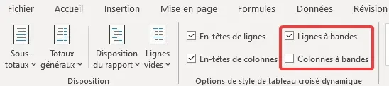 Excel : TCD - mise en forme, lignes à bandes