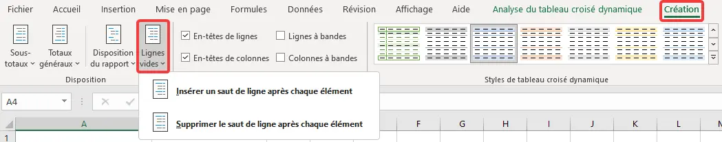 Excel : TCD - mise en forme, lignes vides