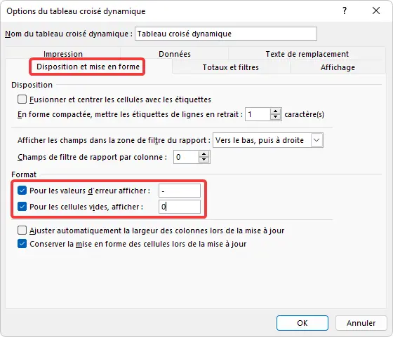 Excel : TCD - mise en forme, valeurs d'erreur et cellules vides