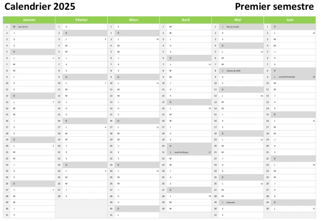 calendrier semestriel 2025 aperçu