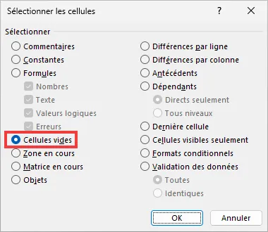 Excel : combler cellules vides - fenêtre sélectionner