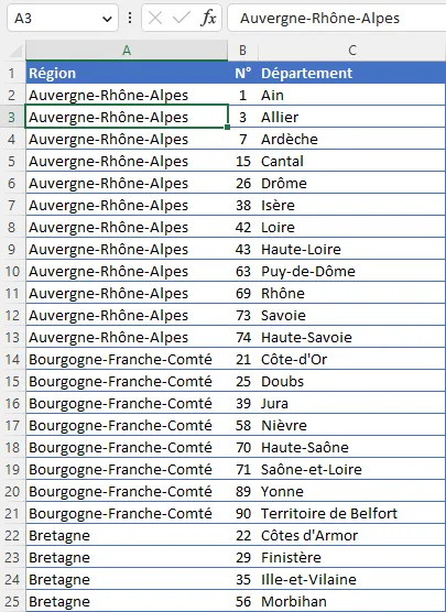 Excel : combler cellules vides - résultat final