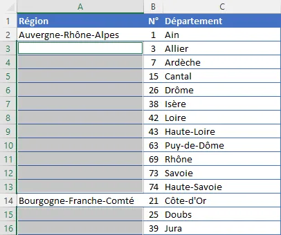 Excel : combler cellules vides - sélection faite