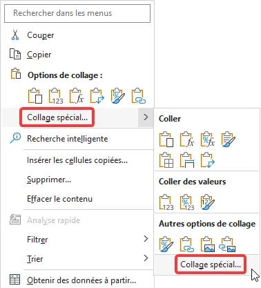 Excel : copier coller - collage spécial à partir du menu contextuel