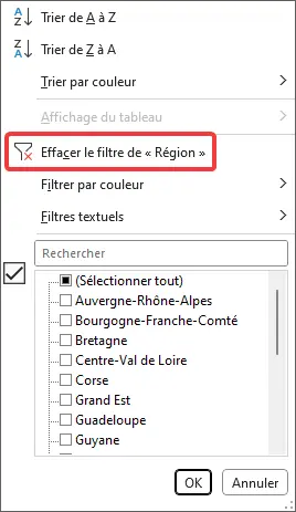 Excel : filtrer un tableau - effacer le filtre de colonne