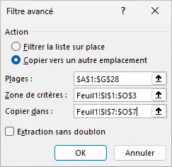 Excel : filtrer un tableau - filtre avancé, boîte de dialogue