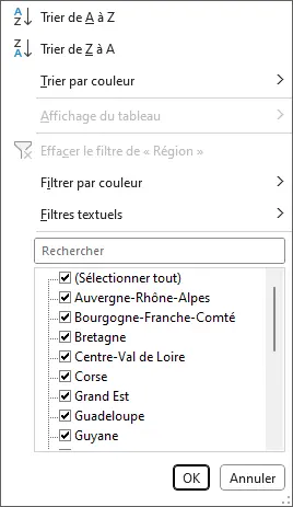 Excel : filtrer un tableau - menu du filtre automatique