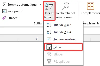 Excel : filtrer un tableau - supprimer le filtre (onglet accueil)