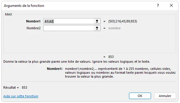 Excel : fonction - insérer une fonction boîte de dialogue arguments