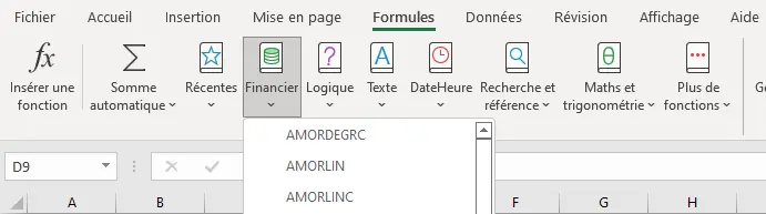 Excel : fonction - insérer une fonction onglet Formules