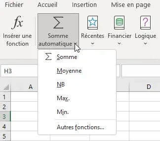 Excel : fonctions - insérer une fonction ruban somme automatique