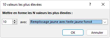 Excel : mise en forme conditionnelle - 10 valeurs les plus élevées boite de dialogue