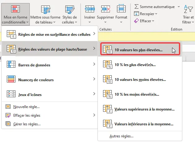 Excel : mise en forme conditionnelle - 10 valeurs les plus élevées