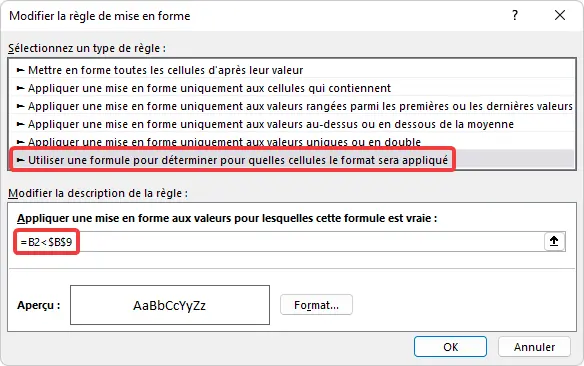 Excel : mise en forme conditionnelle - formule modifier la règle