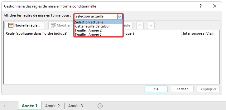 Excel : mise en forme conditionnelle, gestionnaire afficher les règles pour...