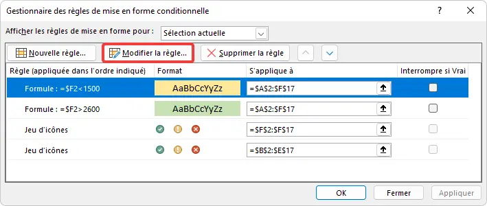 Excel : mise en forme conditionnelle, gestionnaire modifier la règle