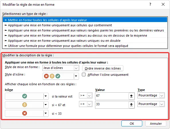 Excel : mise en forme conditionnelle - jeu d'icône modifier la règle