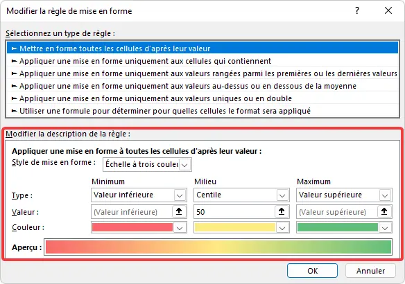 Excel : mise en forme conditionnelle - nuances de couleurs modifier la règle