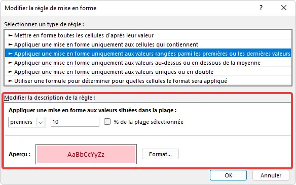 Excel : mise en forme conditionnelle - plage haute basse modifier la règle