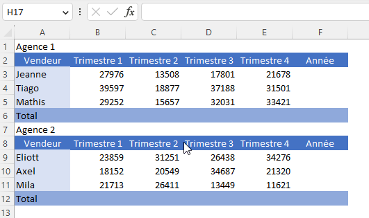 Excel : SOMME - raccourci apliqué à deux tableaux en même temps