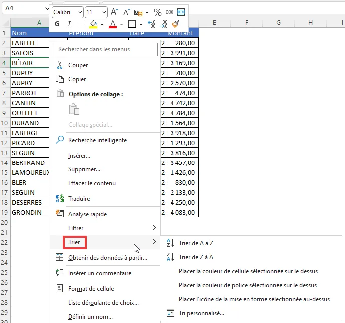 Excel : trier - accès menu contextuel