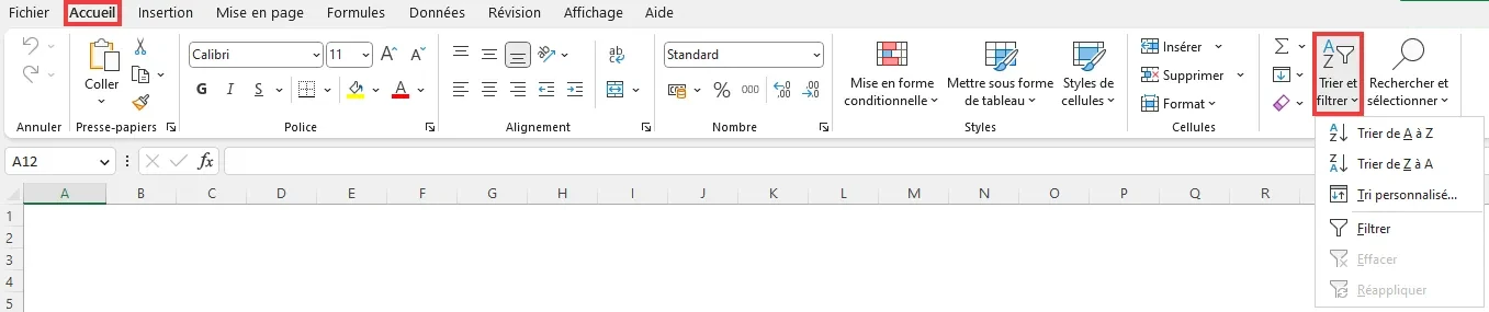 Excel : trier - accès onglet accueil