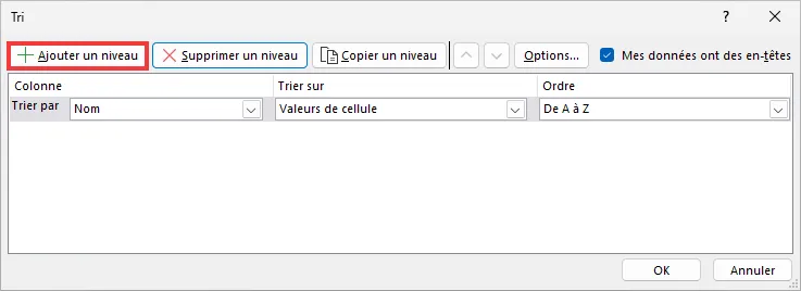 Excel : trier plusieurs colonnes - ajouter un niveau