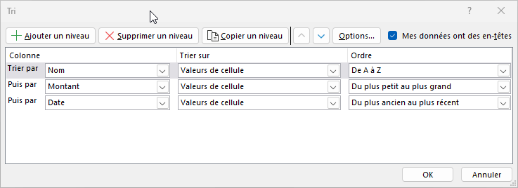 Excel : trier plusieurs colonnes - changer l'ordre des niveaux