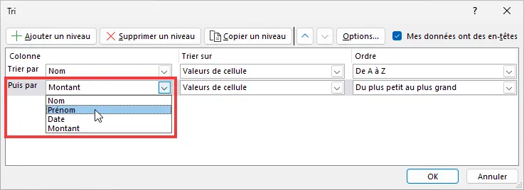 Excel : trier plusieurs colonnes - critère 2e colonne