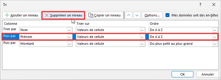 Excel : trier plusieurs colonnes - supprimer un niveau