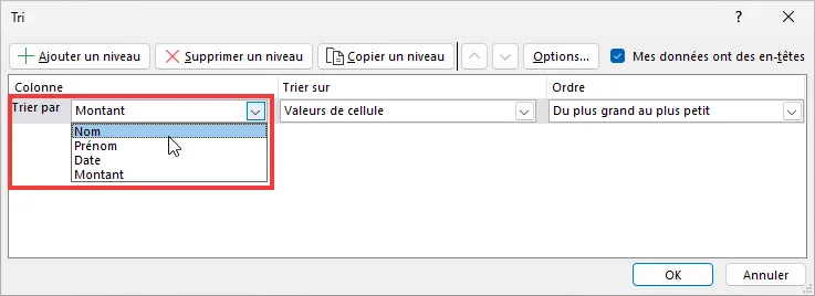 Excel : trier plusieurs colonnes - trier par